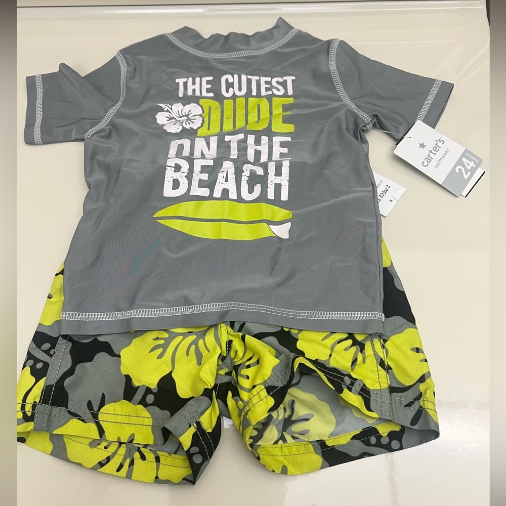 Carters 2pc Swim Suit Rash Guard Grey/Yellow 24 months NWT
